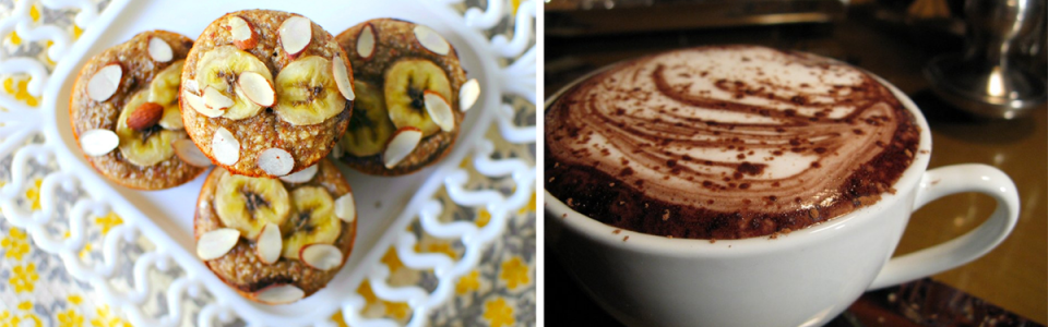 Chocolate caliente con muffins de banana